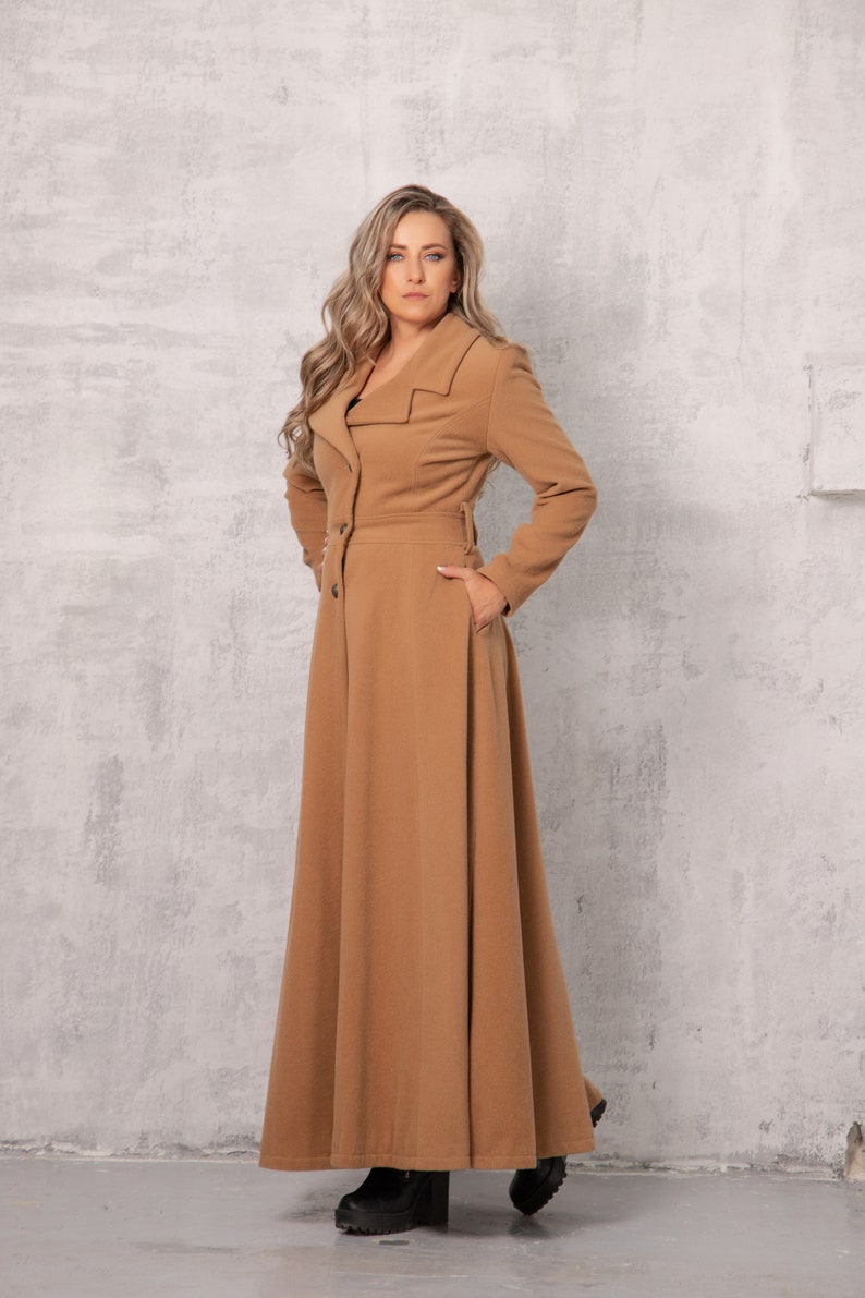 Manteau de princesse en laine camel, pardessus maxi d'inspiration vintage, manteau long, trench-coat évasé d'hiver, manteau chaud évasé rétro, manteau de style années 70 image 2