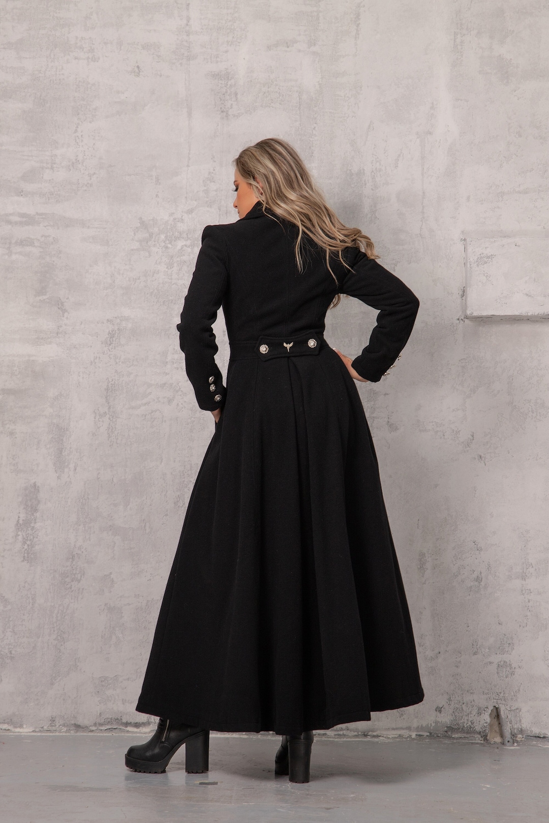 Long Black Coat, Fit and Flare Overcoat, Winter Gothic Maxi Coat