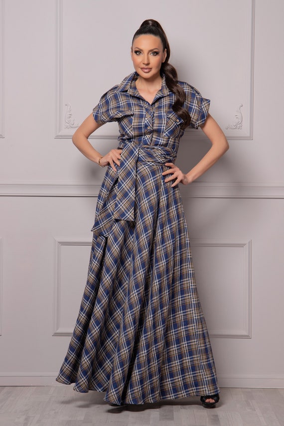 blue and brown plaid dress Fall Linen With Belt ~ Checkered Tartan Dress for Wedding Guest Mother of the Bride ~ Mid Century Modern Womens Clothing Color:SANGRIA sunday drop 3.24.24 length 100% Organic Cotton Brown Mini Birthday Dresses