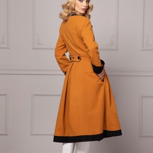 Wool Cashmere Skirted Jacket Coat, Mustard & Black Winter Overcoat, Cottagecore Prairie Long Princess Cut Coat, Fit and Flare Wool Coat image 4