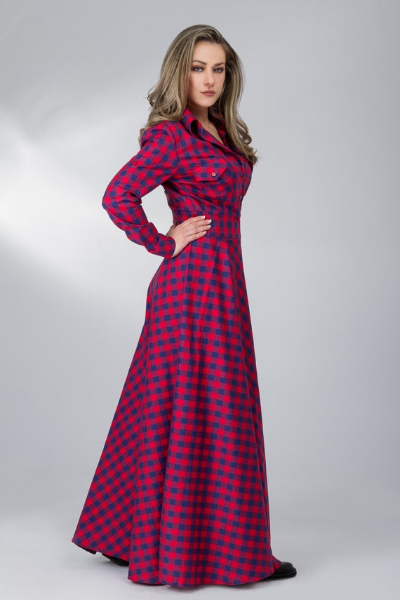 Tartan Plaid Designer Dress, Scottish Wedding Maxi Dress, Floor Length  Shirt Dress, 1930s Style Plus Size Dress, Casual Summer Buttons Dress -   Israel