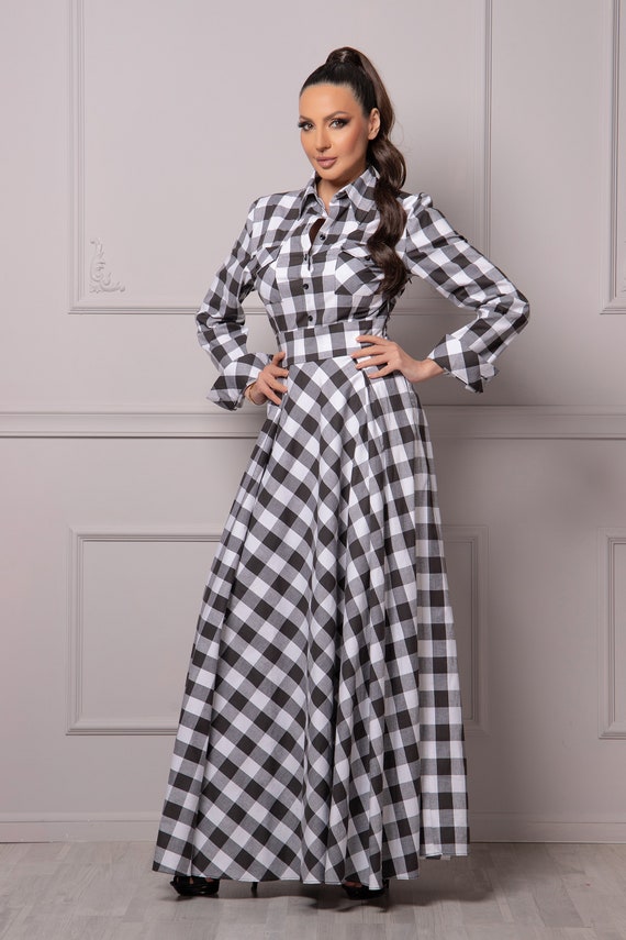 Black and White Buffalo Plaid Dress, Checkered Maxi Dress, Wedding Guest  Dress, Winter Shirt Dress, Lady Dress With Collar, Cuffs and Pocket - Etsy  Australia