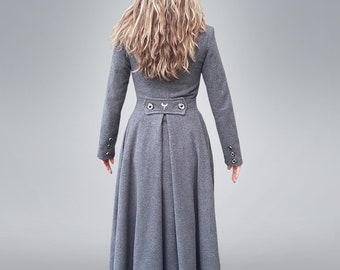 Long Wool Princess Cut Coat, Fit and Flare Victorian Overcoat, Full Length Winter Jacket, Maxi Double-Breasted Coat, Gray Custom Made Coat