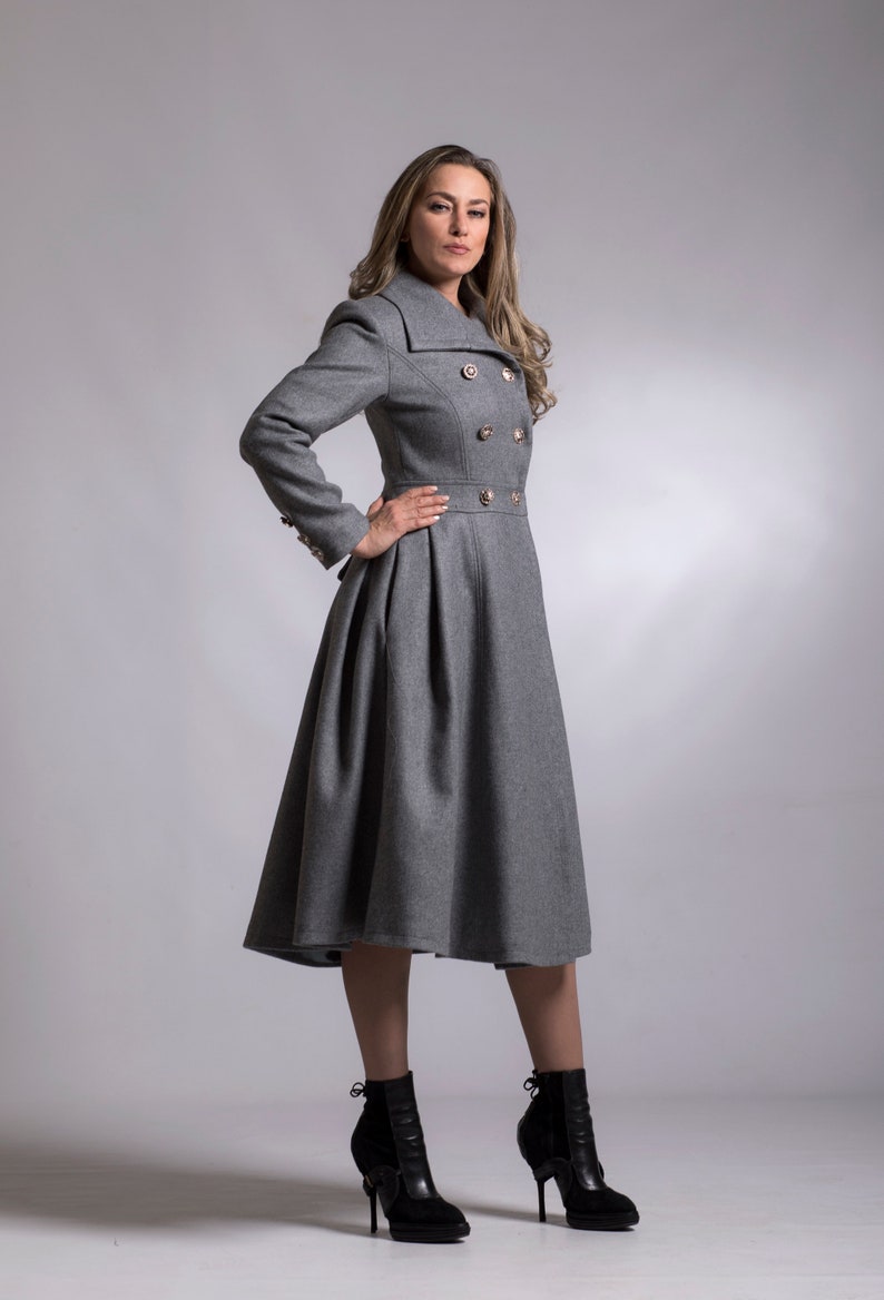 Wool Princess Coat, Fit and Flare Swing Coat, Custom Winter Dress Coat, Cashmere Coat in Light Gray, Double-Breasted Wool Tailored Overcoat image 4