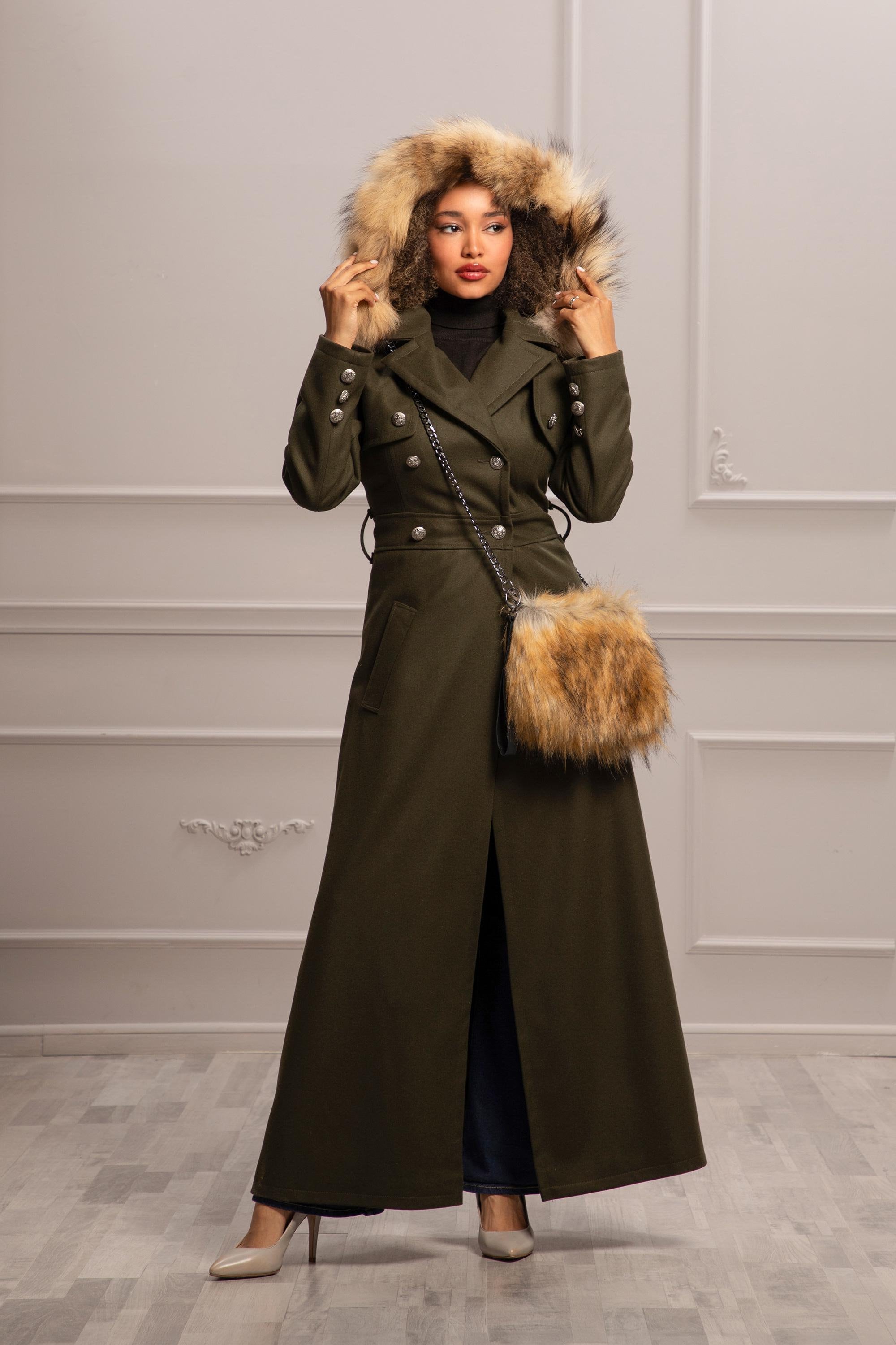 Winter Coat With Fur Hood, Long Wool Coat, Fox Fur Hood, Elegant