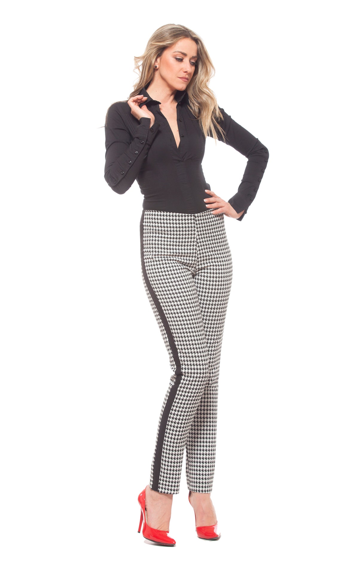 Women Pants Fitted Pants Houndstooth Pants Women Trousers Etsy