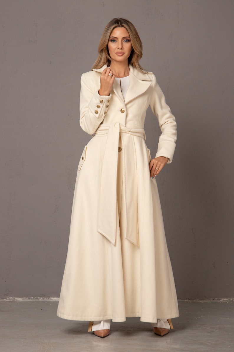 Winter Wedding Long Coat, Off White Floor Length Coat, Wool Cashmere Wrap Coat, Ivory Bridal Trench Coat, Ladies Long Princess Dress Coat image 2