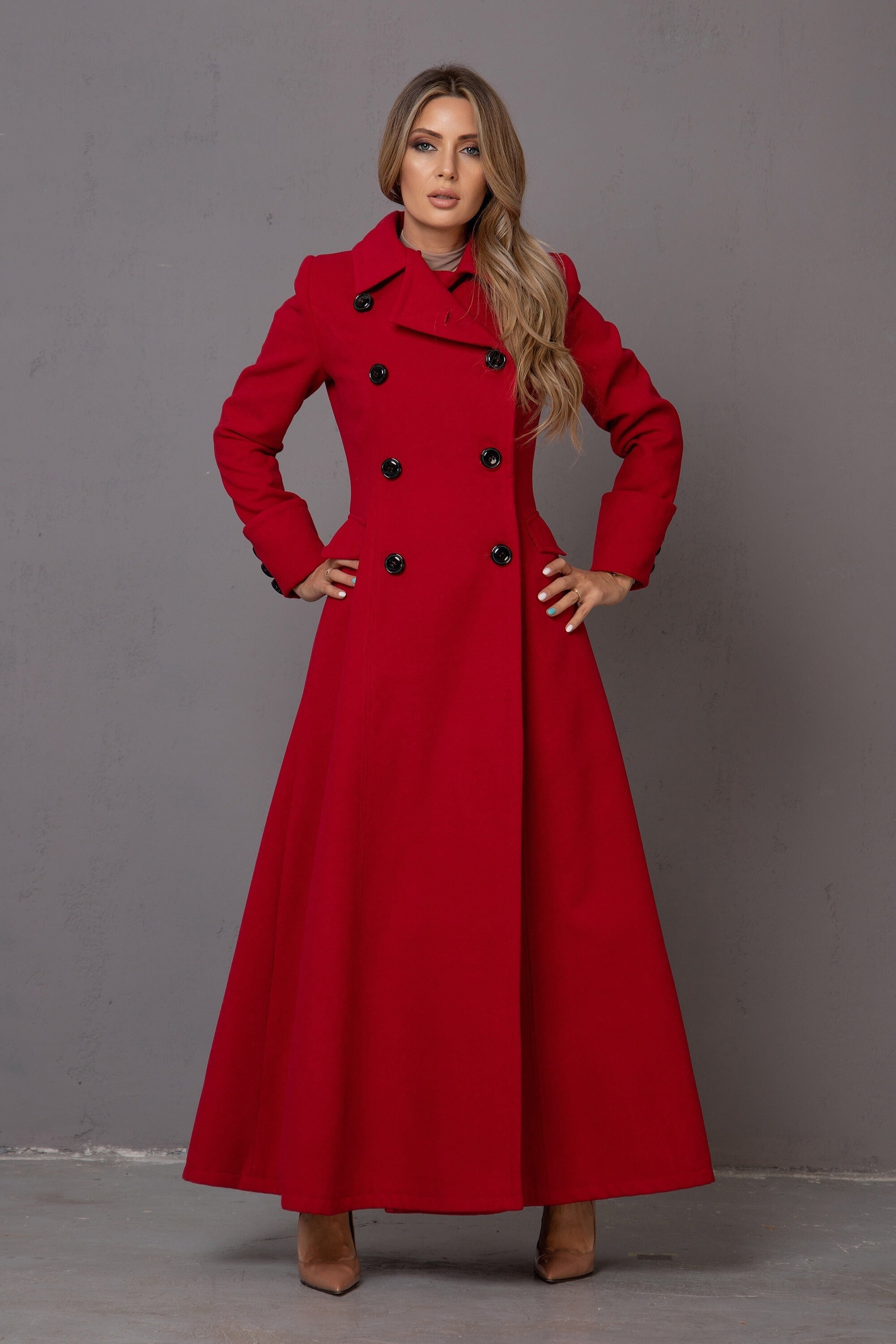 Womens Wool Coat Mid Length - Double Breasted Red Wool Coat Womens by FJackets