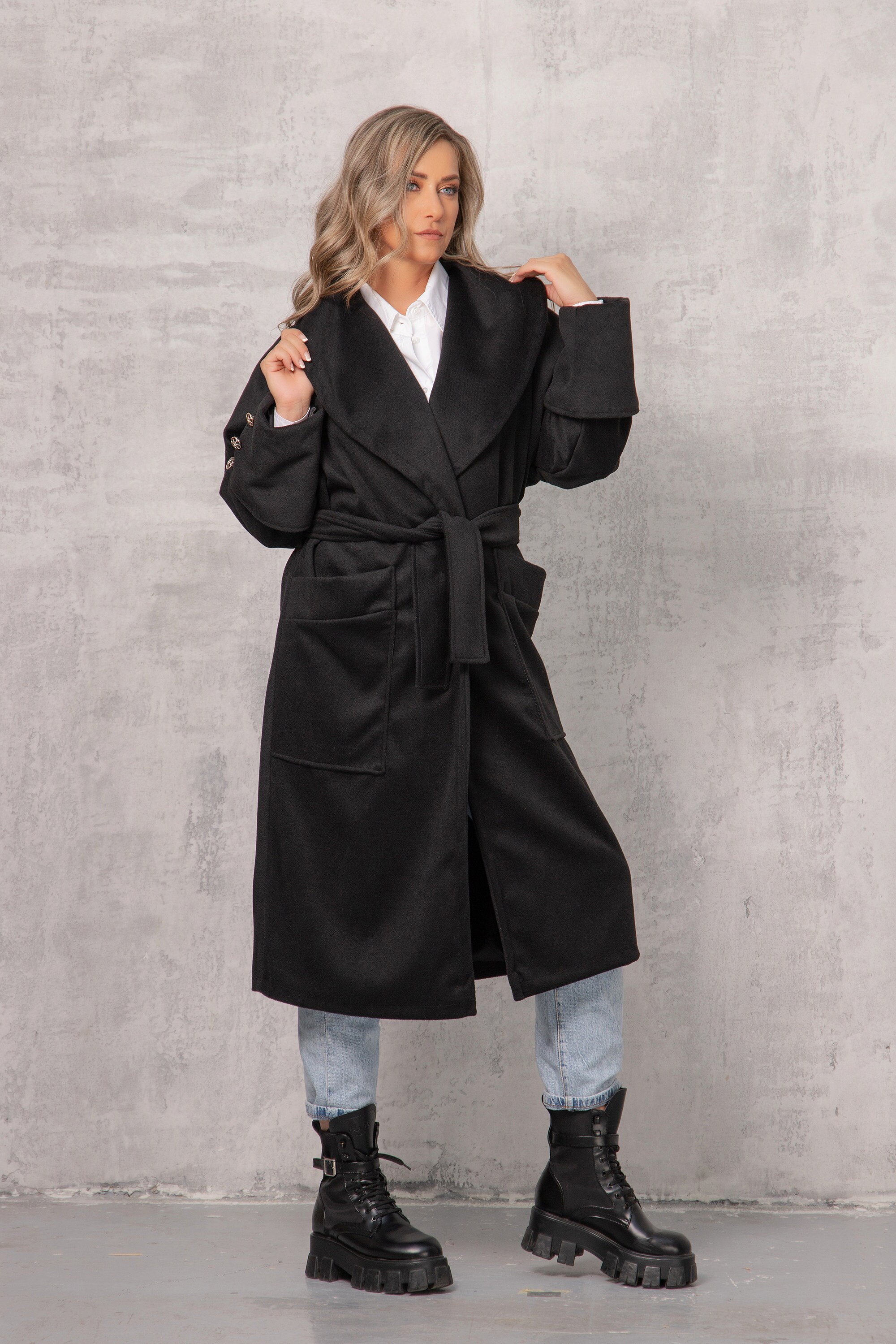 Maxi Winter Trench Coat With Belt, Long Black Plus Size Coat