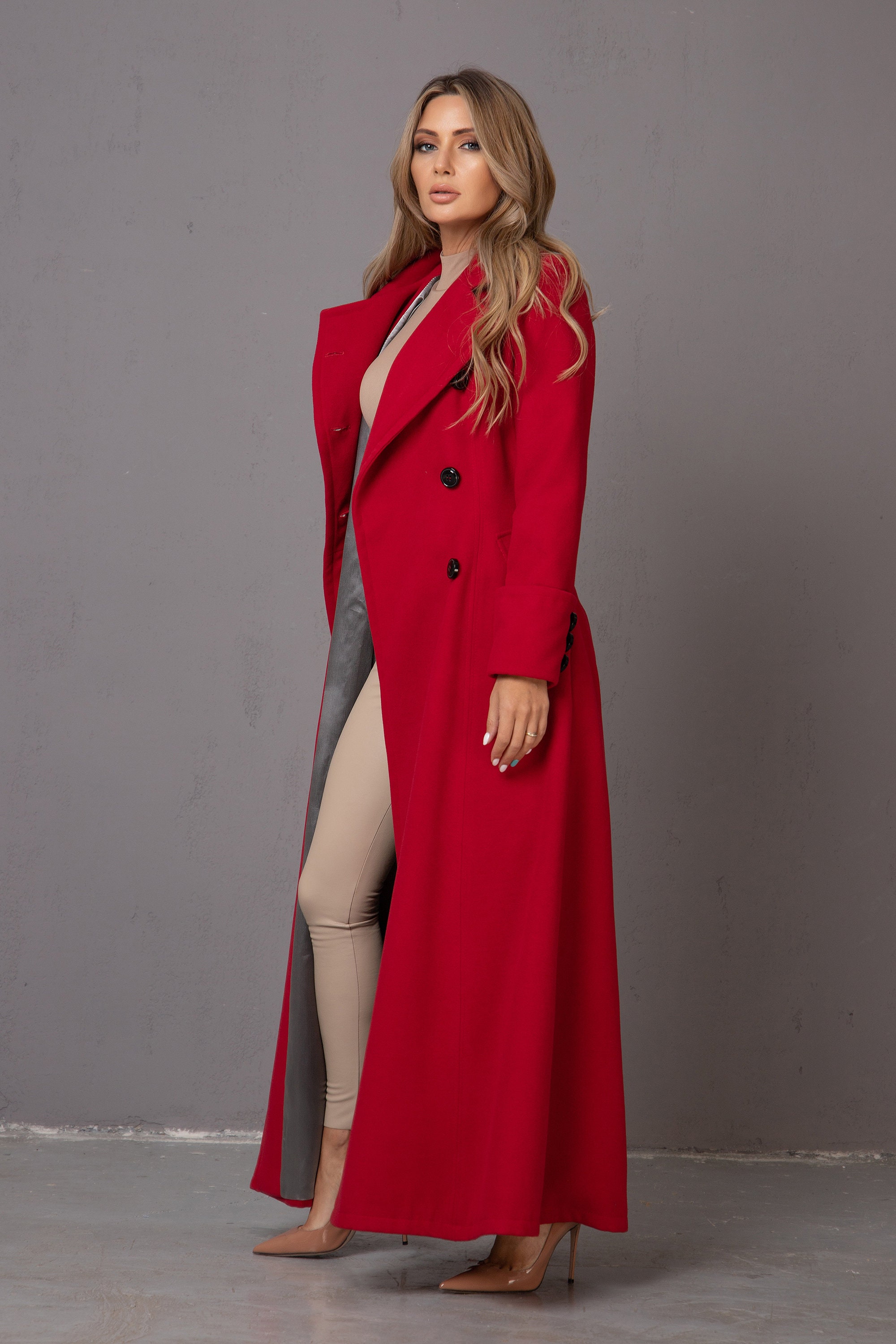Long red top duster coat