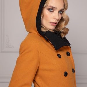 Wool Cashmere Skirted Jacket Coat, Mustard & Black Winter Overcoat, Cottagecore Prairie Long Princess Cut Coat, Fit and Flare Wool Coat image 7