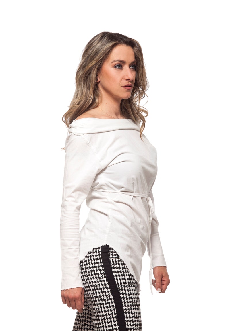 White Blouse, Asymmetric Top, Deconstructed Clothing, Off Shoulder Blouse, Plus Size Clothing, Cotton Blouse, White Minimal Blouse, Casual image 1