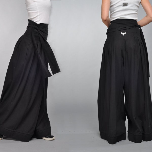 Pantalon palazzo en lin, pantalon à jambes larges de style japonais, pantalon jupe ceinturé, pantalon en lin maxi, pantalon fluide taille haute, culotte pleine longueur