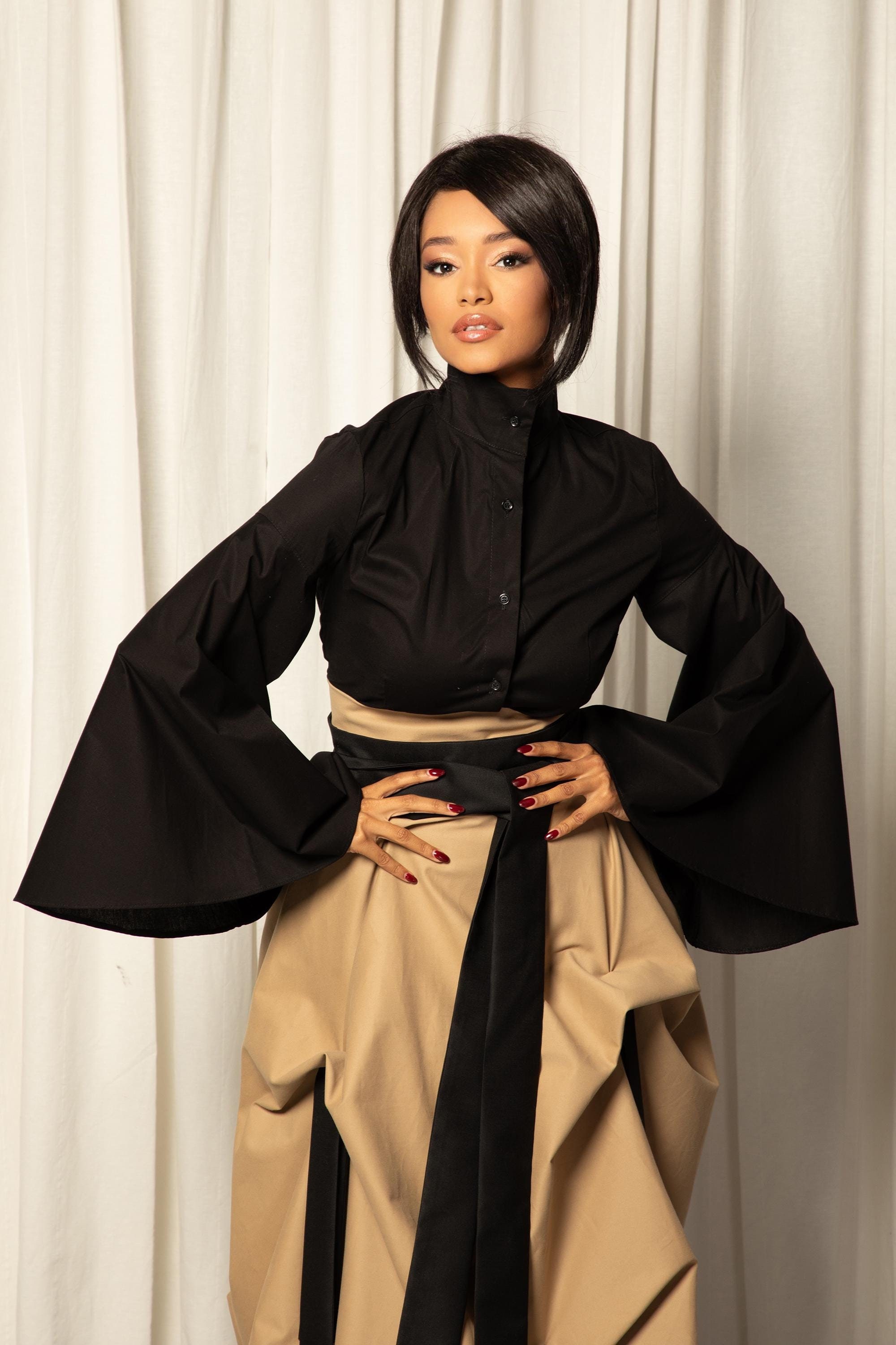 Futuristic Clothing, Black Avant Garde Shirt, Bell Sleeves Top, Gothic Top, Extravagant Top, Womens Clothing, Adult Costume, Witchy Top