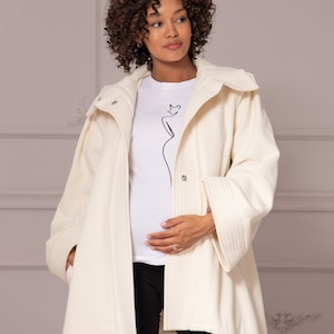 High Low Wool Cape Coat in Ivory for Pregnat Women - Oversized Cape Jacket, Plus Size Overcoat, Maternity Fashion for Fall, Warm Wool Coat
