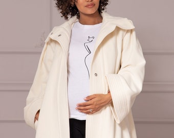 High Low Wool Cape Coat in Ivory for Pregnat Women - Oversized Cape Jacket, Plus Size Overcoat, Maternity Fashion for Winter, Warm Wool Coat