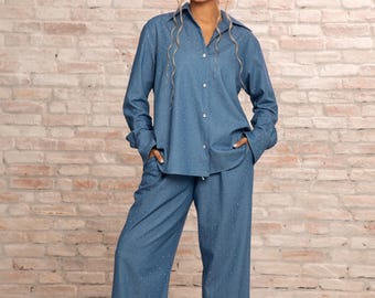 Two Piece Set, Palazzo Pants And Formal Shirt, Sparkling Stones, Wedding Guest Outfit, Womens Clothing, Formal Suit, Summer Suit Women