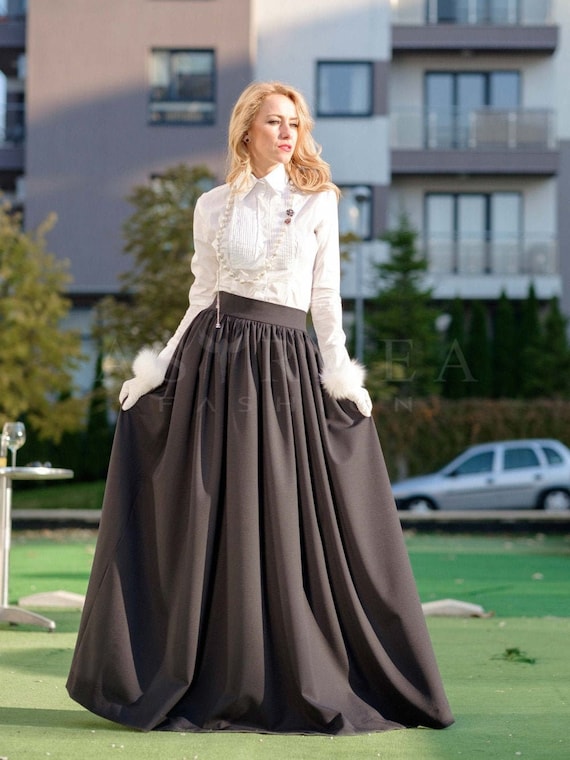 Best High Waist Black Long Satin Skirts Wide Waistband Floor