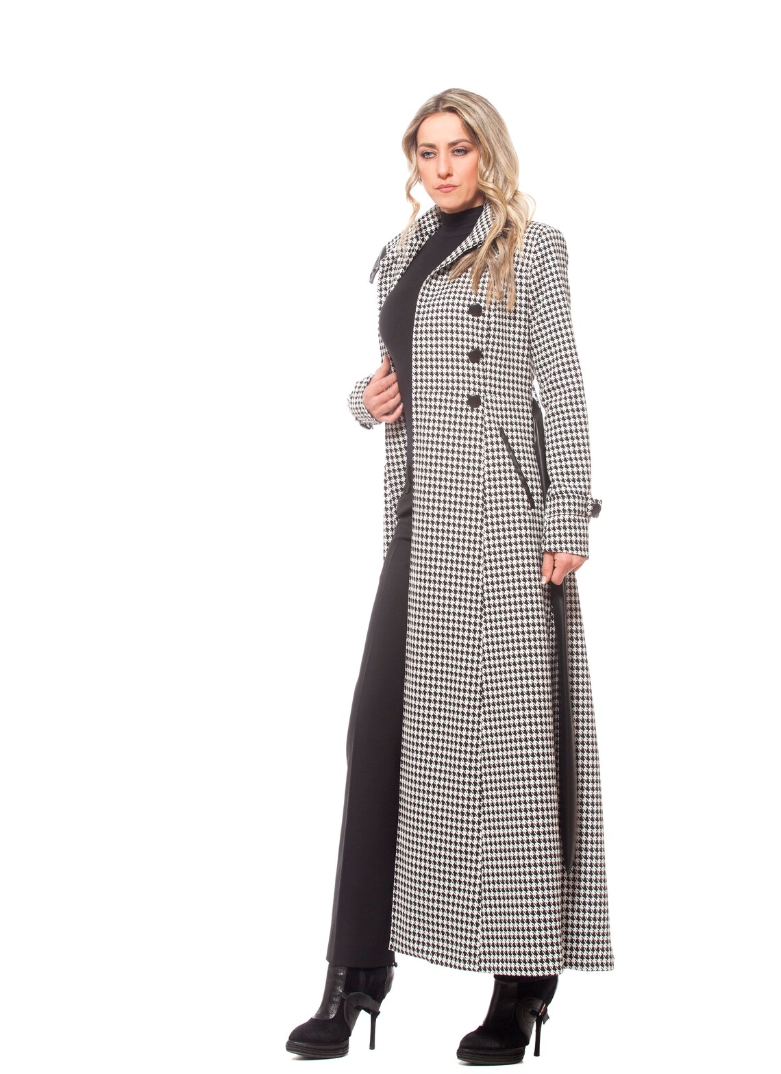 Women's Oversized Houndstooth Print Long Coat