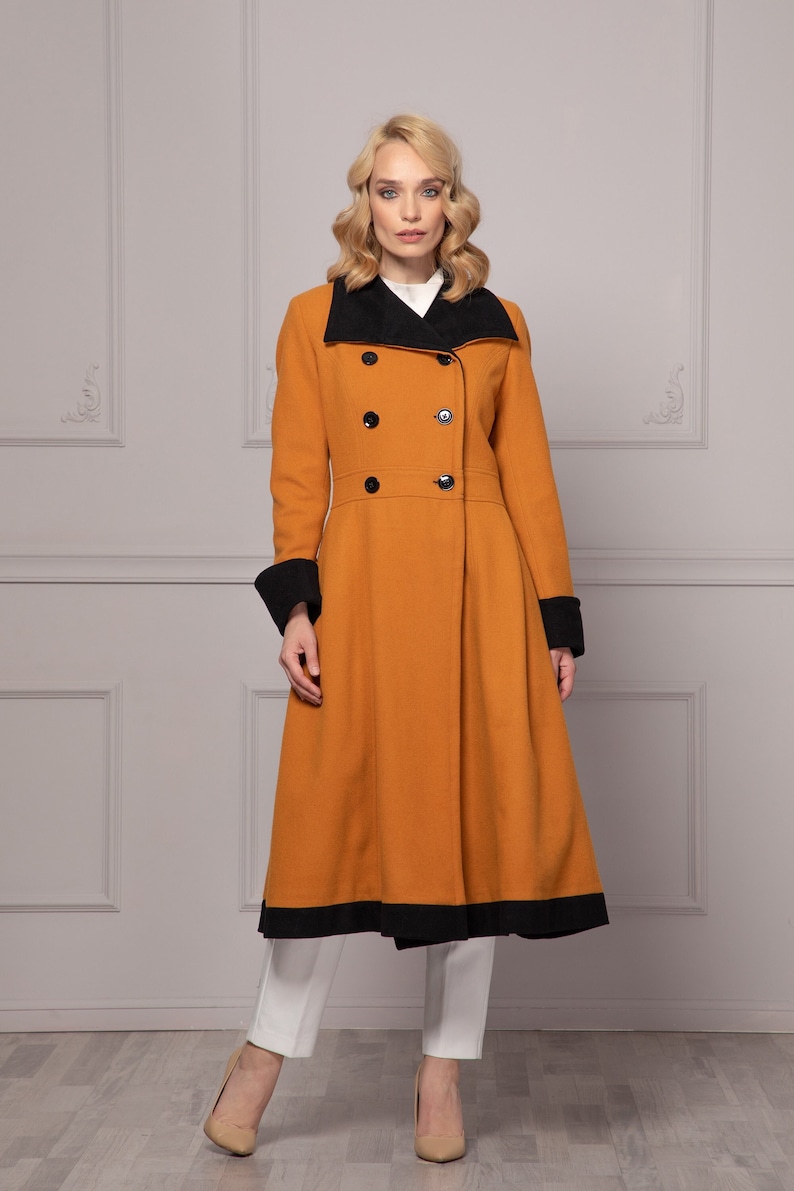 Wool Cashmere Skirted Jacket Coat, Mustard & Black Winter Overcoat, Cottagecore Prairie Long Princess Cut Coat, Fit and Flare Wool Coat image 1