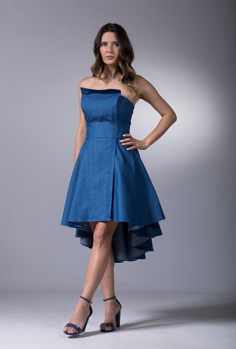 Strapless Denim Dress Indigo Dress Bustier Short Dress image 2