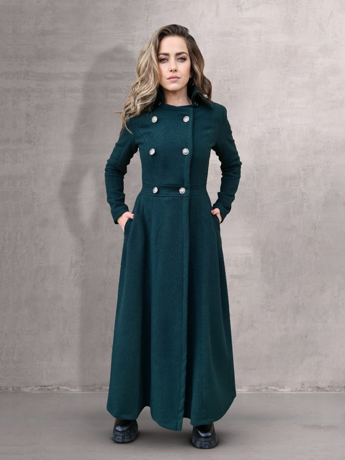 Winter Maxi Coat, Double-breasted Women's Long Coat, Fit and Flare