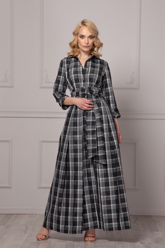 grey tartan dress Plaid Tafetta Dress, Maxi Dress, Custom Size Dress, Wedding Guest Dress, Mother Of the Bride, Checkered Dress, Plus Size,Picnic Checkered dress
