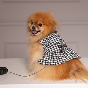 Beautiful Houndstooth Dog Dress with Buttons & Black Lapel-Collar - Puppy Jacket, Pet Clothing, Yorkie Dress, Custom Made Dog Clothes