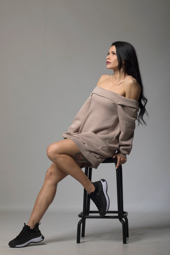 Beige Hooded Dress, Elegant Women Dress, Off Shoulder Dress, Casual Hoodie Dress, Open Back Dress,Detachable Hoodie Dress,Plus Size Clothing