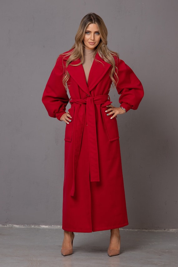 Vintage Inspired Bishop Sleeves Coat, Red Wool Statement Jacket