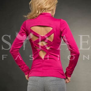 Hot Pink Women Turtleneck Top/Blouse, Open Back Spring/Fall Plus Size Turtleneck, Elegant Casual Long Sleeve Top