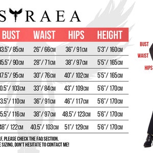 May include: Size chart for clothing with measurements in inches and centimeters. The chart includes EU, US, and French sizes, as well as bust, waist, hips, and height measurements.