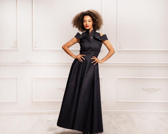 white christmas dresses Denim Cutout Maxi Dress S main image 0