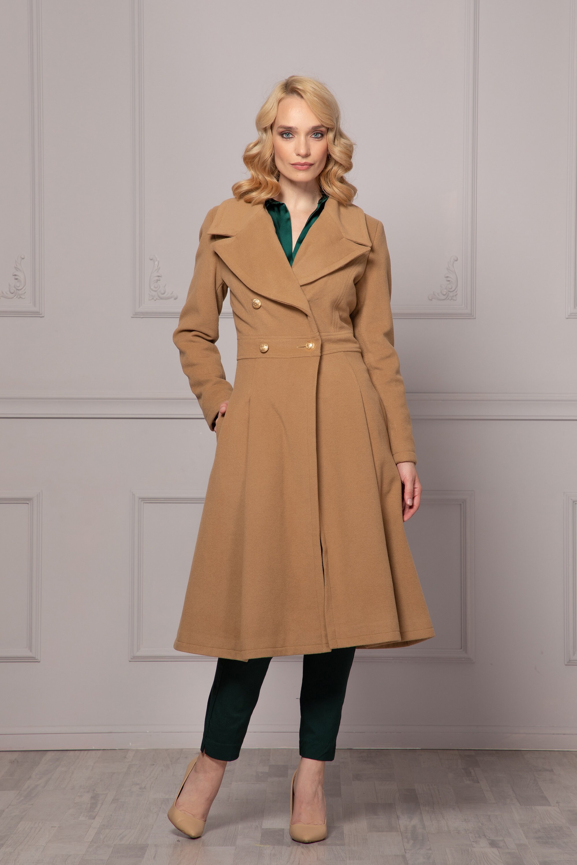 Fit and Flare Long Wool Camel Coat, Skirted Overcoat, Winter Swing
