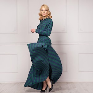 Green & Blue Tartan Dress, Womens Clothing, Summer Style, Long Plaid Dress, Edwardian Walking Dress, Mid Century Modern Dress, Cottagecore