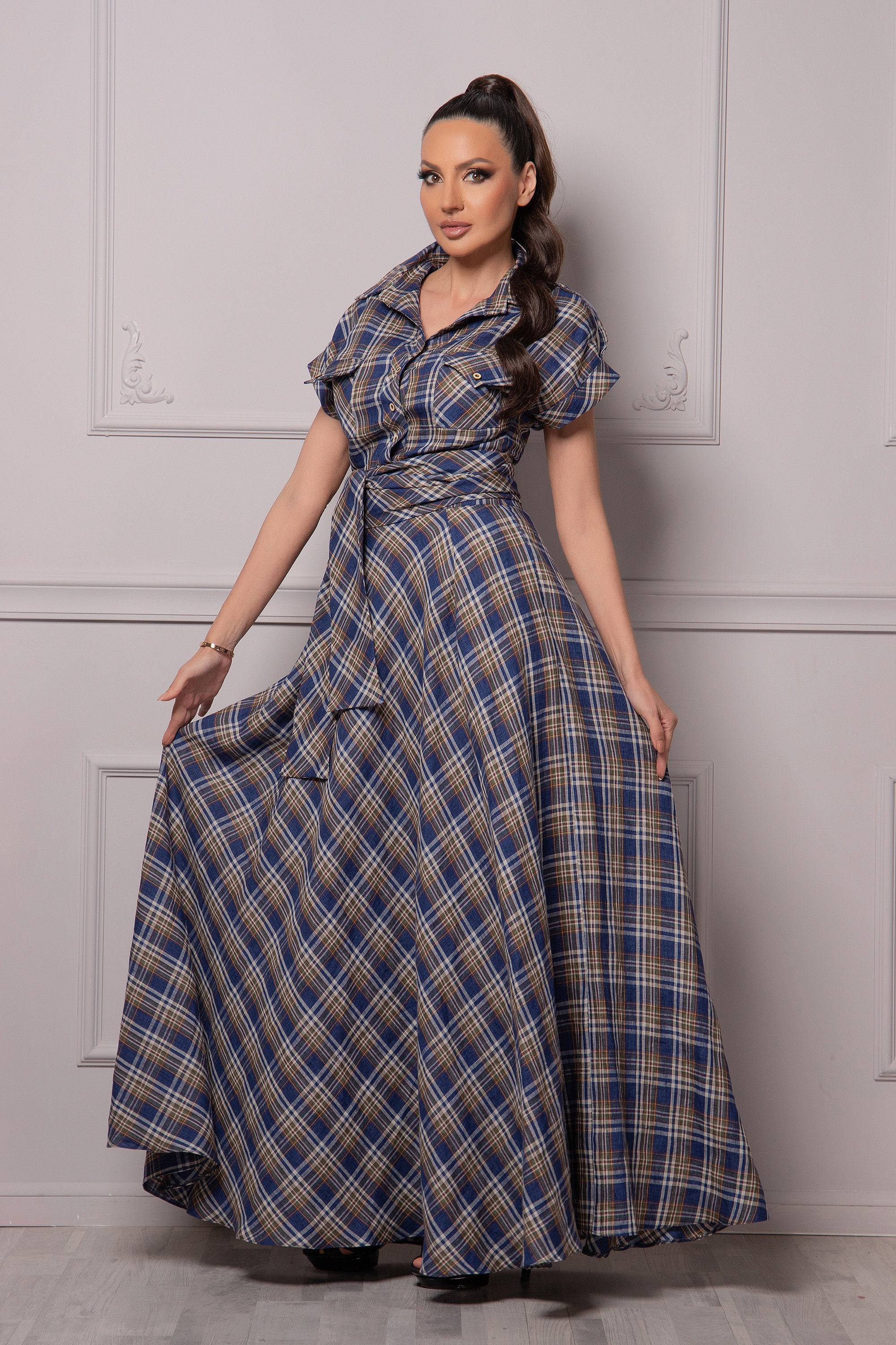 b*y様 [meltthelady] fleeting check dress Plaid Linen Dress, Checkered Dress, Womens Clothing, Spring