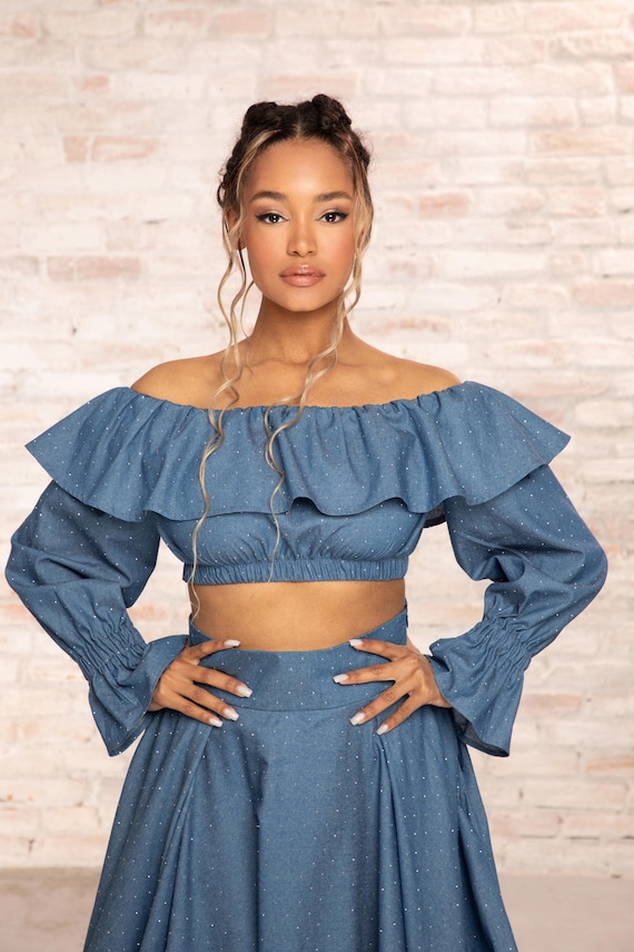 crop top dresses formal Long Sleeve Top, Blouse with sparkling stones, Wedding Guest Outfit, Womens Clothing, Fairy Top, Ruffle Boat Neck Collar Web Collection: Sequin Best Sellers