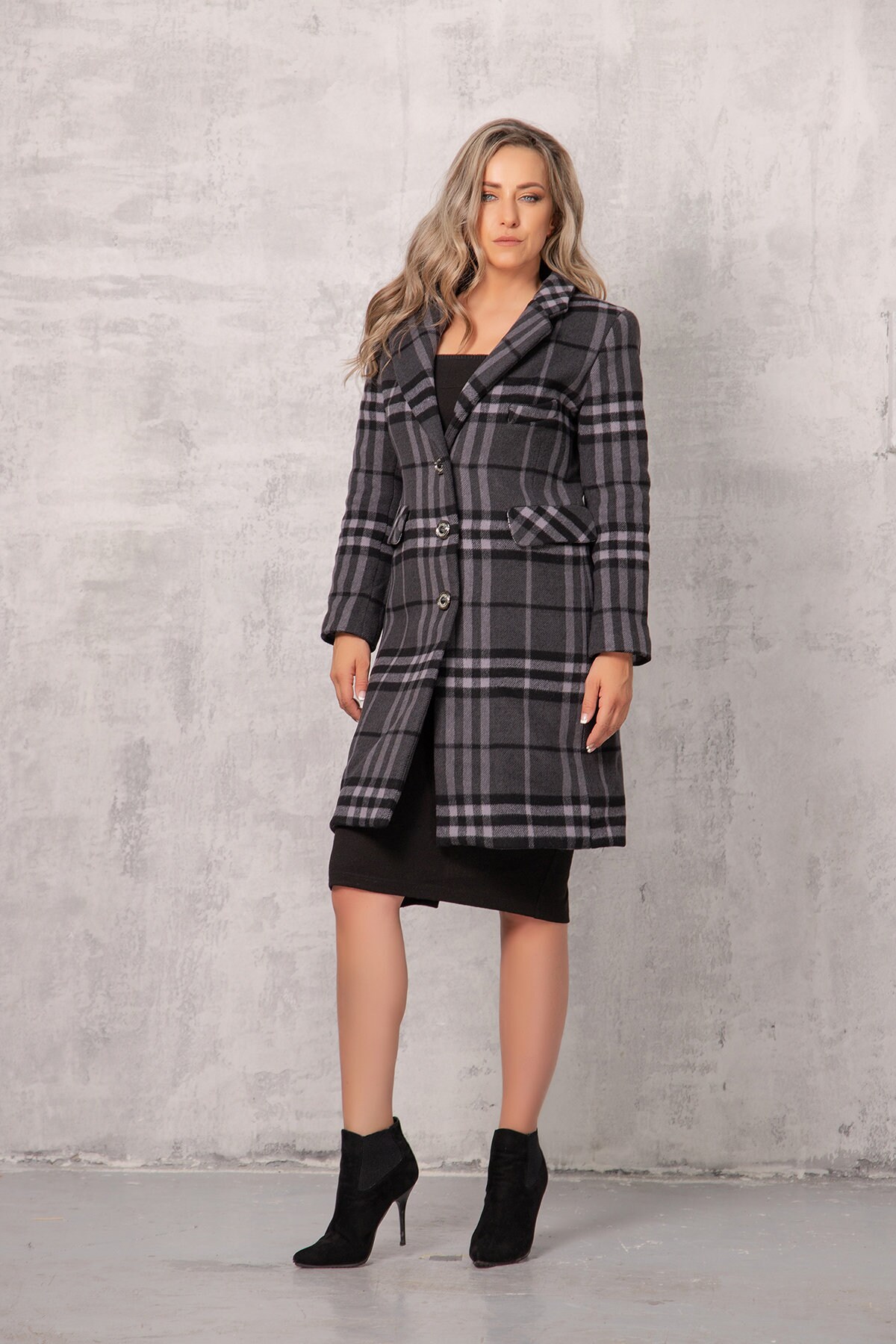 plaid midi coat
