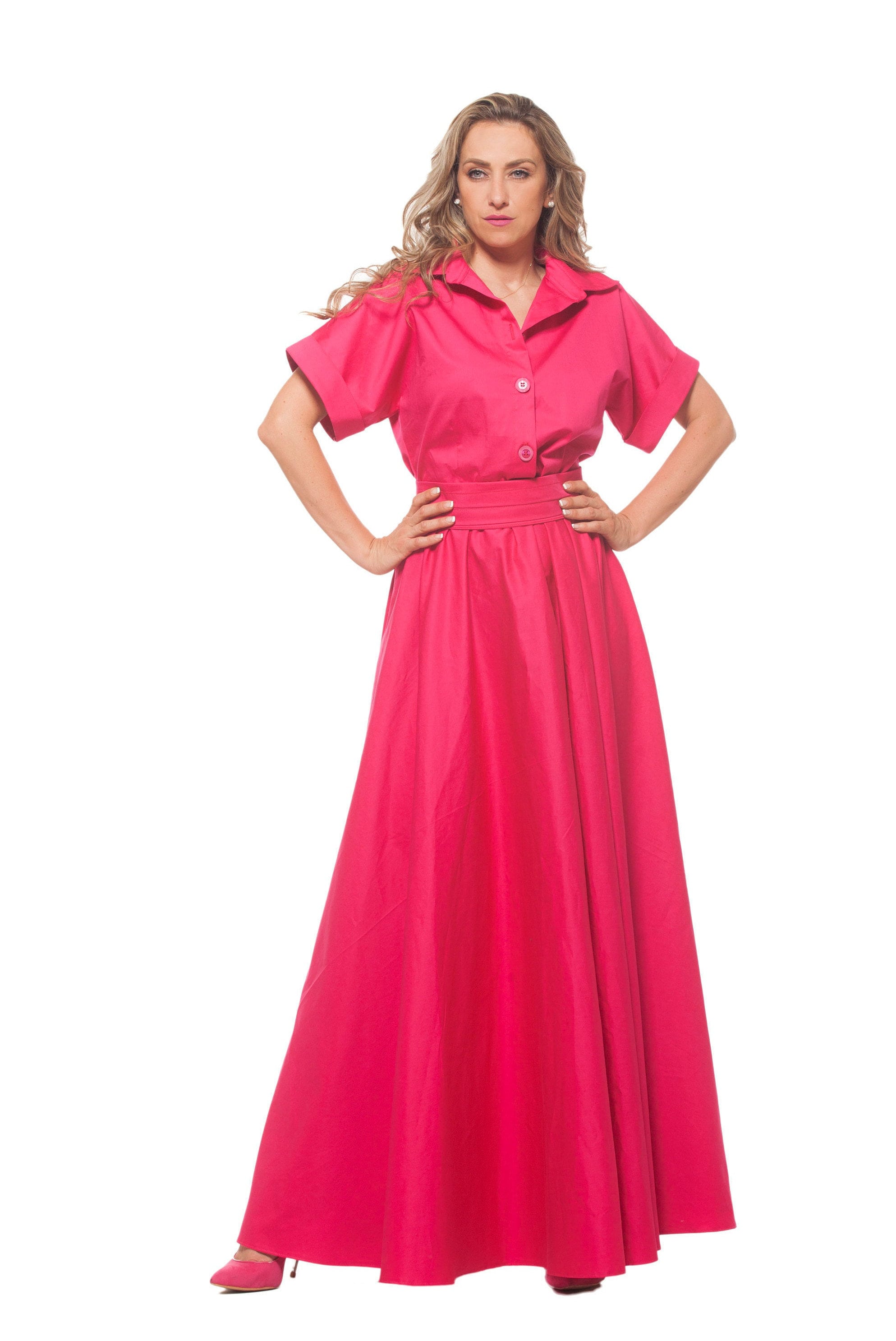 Pink Maxi Dress, Spring Style, Wedding Guest Plus Size Women's Clothing, Garden Party Cotton Shirt Mother Of The Bride