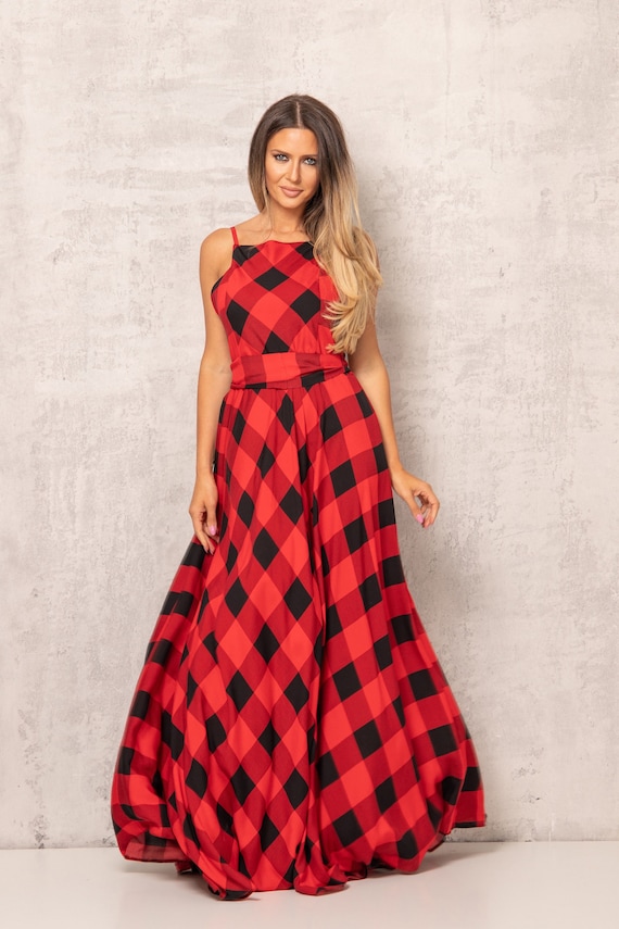 Red & Black Tartan Dress, Plaid Maxi Dress, Womens Clothing, Maxi Dress, Wedding Guest Dress, Checkered Dress, Spring Style Red & Black Tartan Dress, Plaid Maxi Dress, Womens Clothing, Maxi Dress, Wedding Guest Dress, Checkered Dress, Spring Style