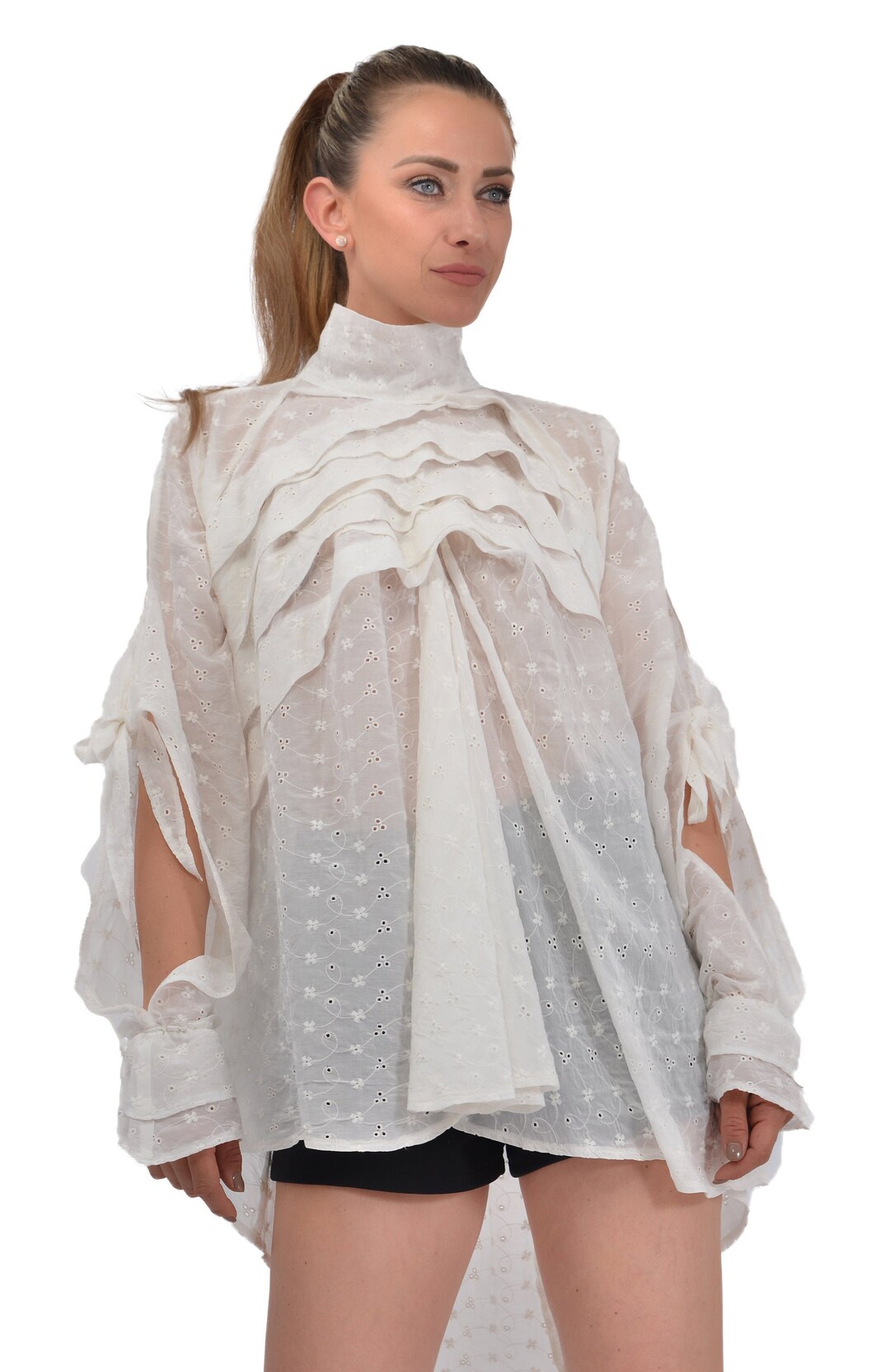 Modern Edwardian Style Asymmetric White Blouse, Plus Size Avant Garde ...
