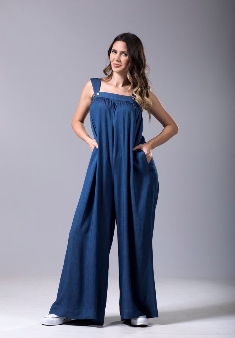 Cotton Jumpsuit Blue Sleeveless Jumpsuit with Belt Casual Etsy