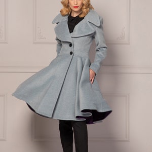 Big Collar Flared Swing Wool Cashmere Coat, Pleated Winter Midi Coat, Fit and Flare Gray Princess Coat,30s Vintage Style Overcoat for Ladies image 2