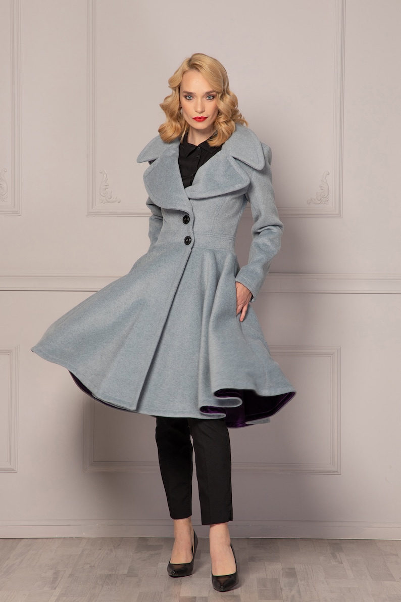 Big Collar Flared Swing Wool Cashmere Coat, Pleated Winter Midi Coat, Fit and Flare Gray Princess Coat,30s Vintage Style Overcoat for Ladies image 2