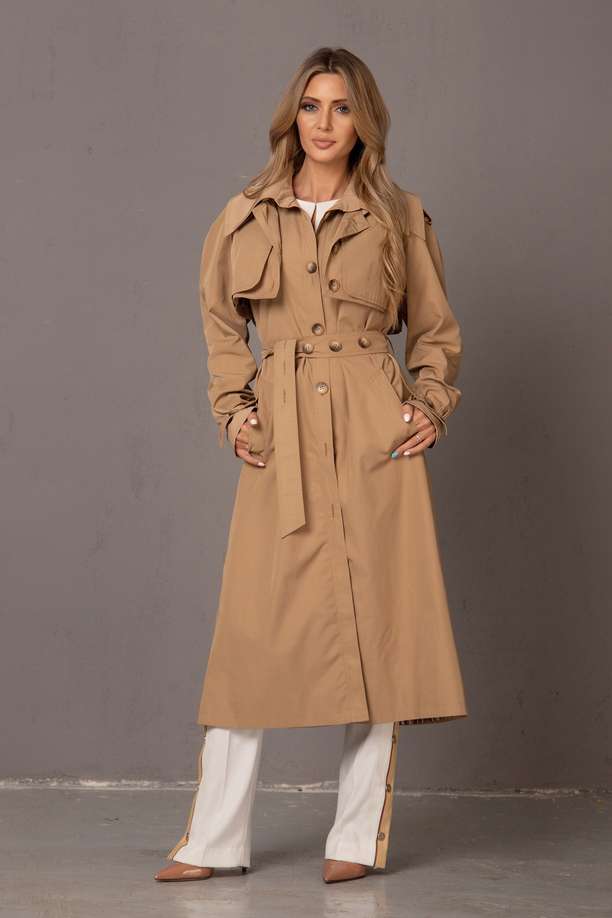 Trench Coat Lungo Donna Beige Con Cintura – Cappotto Invernale Doppiopetto, Taglie Forti