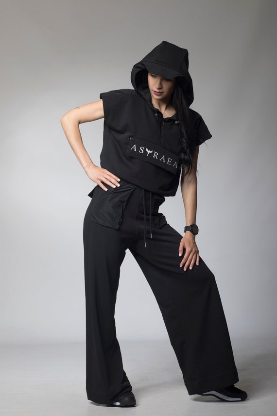 Hooded Hoodie Set, Wide Leg Pants and Top, Front Pockets