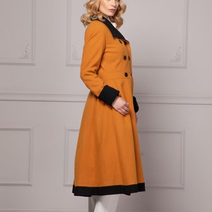 Wool Cashmere Skirted Jacket Coat, Mustard & Black Winter Overcoat, Cottagecore Prairie Long Princess Cut Coat, Fit and Flare Wool Coat image 2