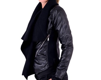 Lederjacke, Schwarze Damenjacke, Übergrößen, Kurze Jacke, Gothic-Kleidung, Figurbetonte Jacke, Winterjacke, Rockerjacke, Steampunk