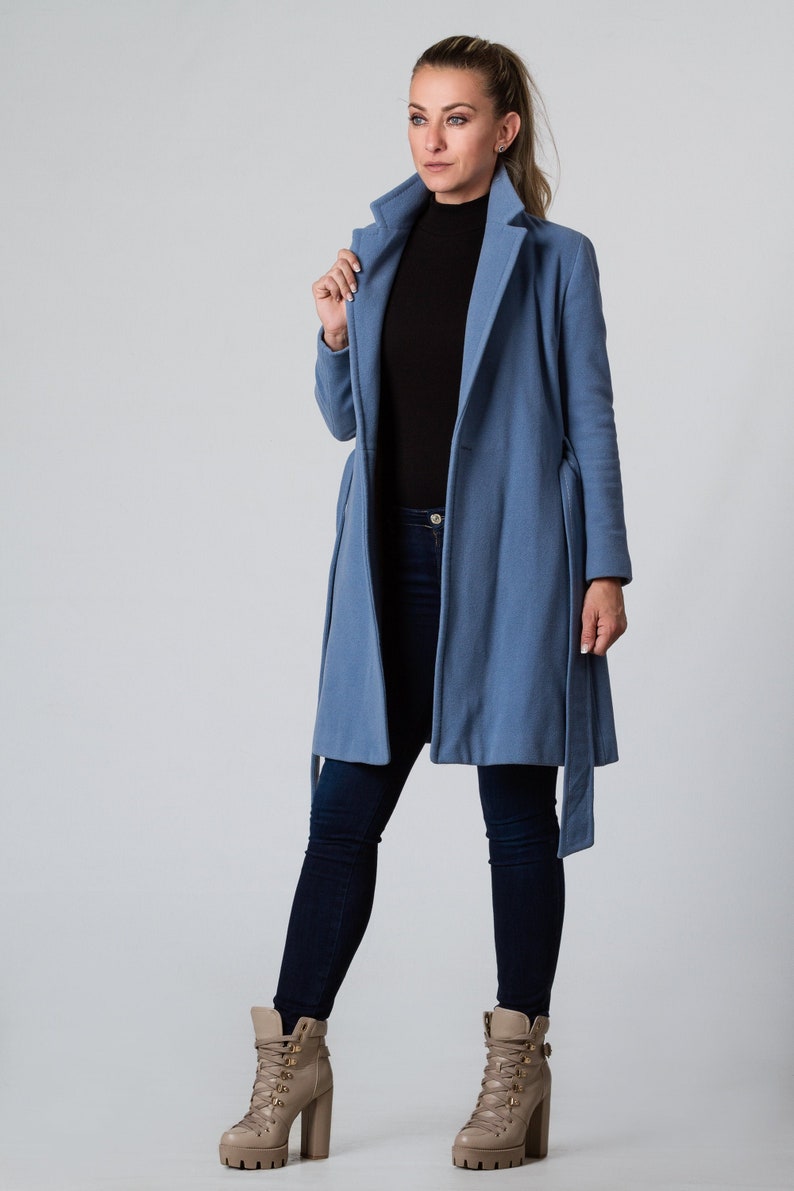 Blue Coat, Cashmere Wool Coat, Elegant Knee Length Coat, Women Overcoat, Plus Size Clothing, Belted Coat with Pockets, Light Coat, Midi Coat image 1