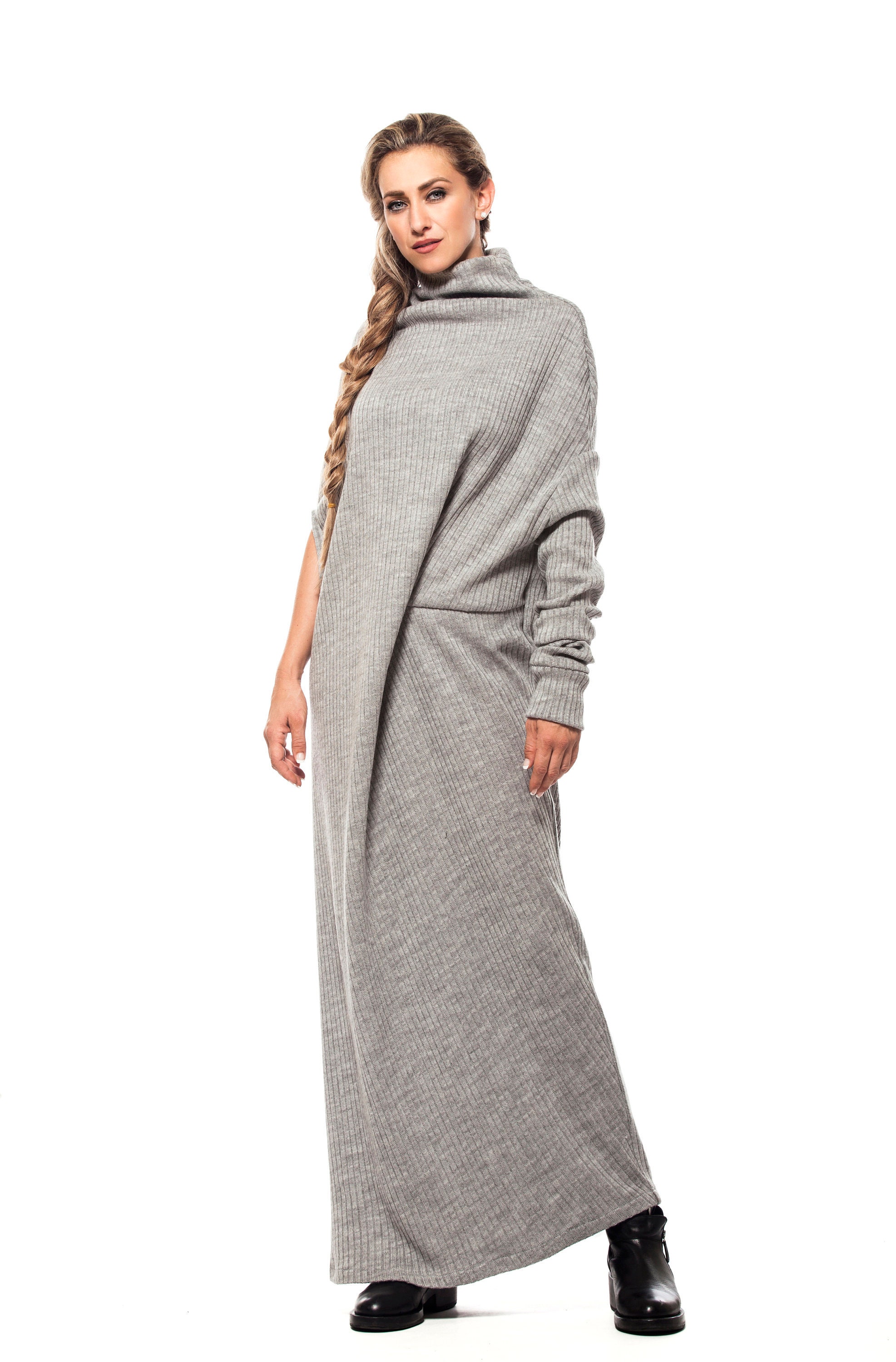 Knitted Wool Gray Maxi Dress Long Sleeve Sweater Dress Asymmetrical Loose Oversized Plus Size Dress Warm Winter Dress